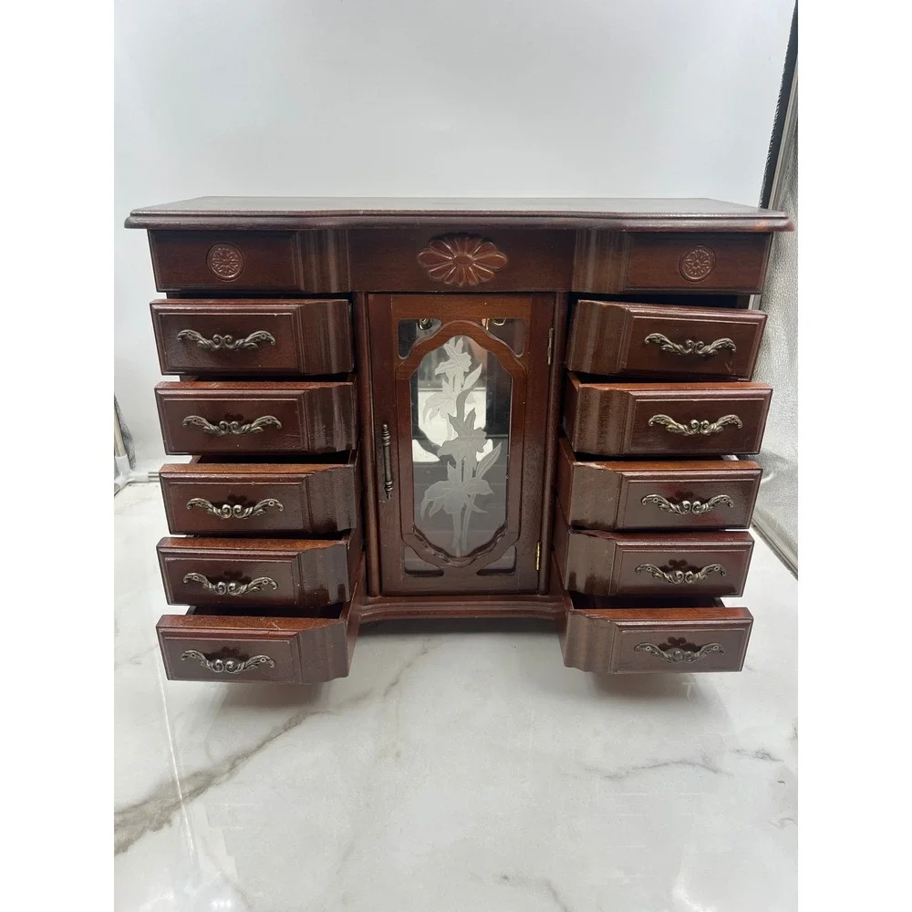 Vintage Wooden Jewelry Armoire Chest 10 Drawer Etched Glass Rotating Carousel
